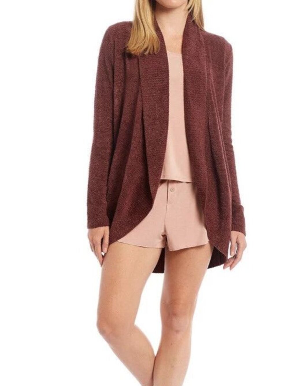Barefoot Dreams CozyChic Lite Knit Burgundy Red Open Lounge Cardigan Medium